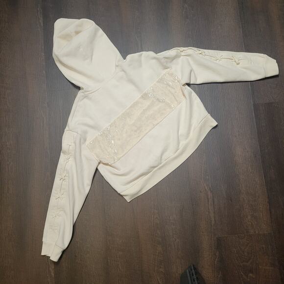 PINK Victoria's Secret Hoodie Women's L Cream Ivory Velvet Logo Sweater Cropped - Picture 4 of 4